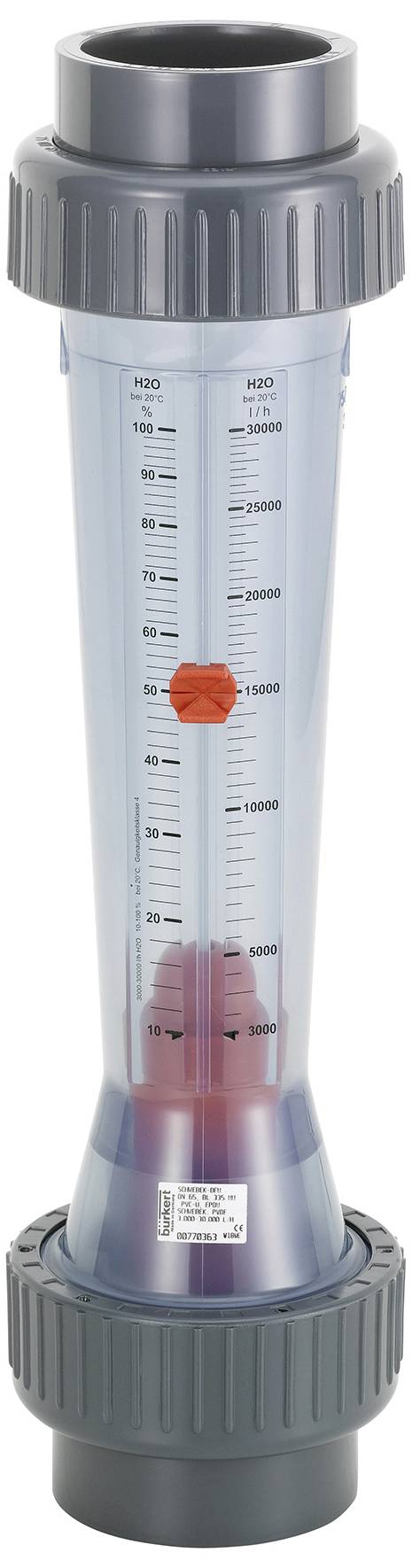 Un débitmètre transparent à échelle pour mesurer les liquides, de forme cylindrique, avec deux bouchons à vis aux extrémités.