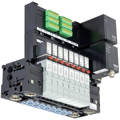 Îlot de ventilation avec plusieurs connexions électriques et vannes. Utilisé dans les systèmes industriels automatisés pour le contrôle du débit.