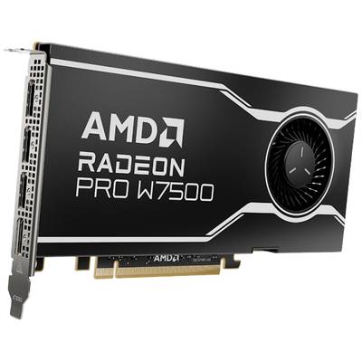 Carte graphique 'AMD Radeon Pro W7500', montrant le ventilateur et le côté des connecteurs.