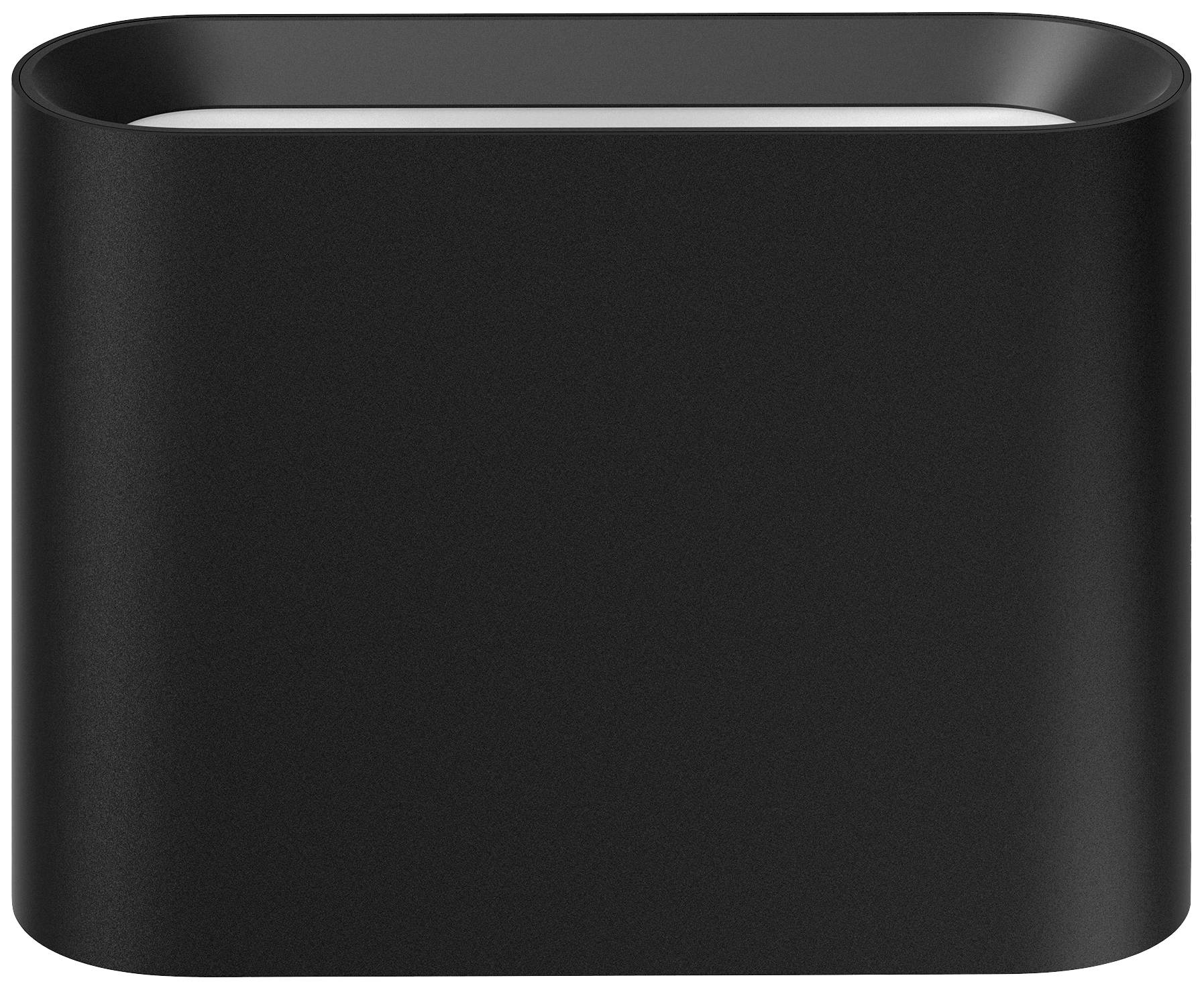 Haut-parleur cylindrique noir au design minimaliste sur fond blanc.