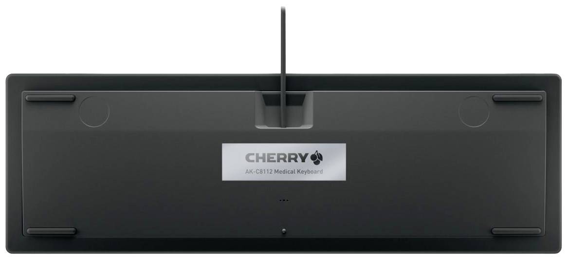 Arrière d'un clavier noir avec câble. L'étiquette 'CHERRY' et le numéro de modèle 'AK-C8100 Medical Keyboard' sont visibles.