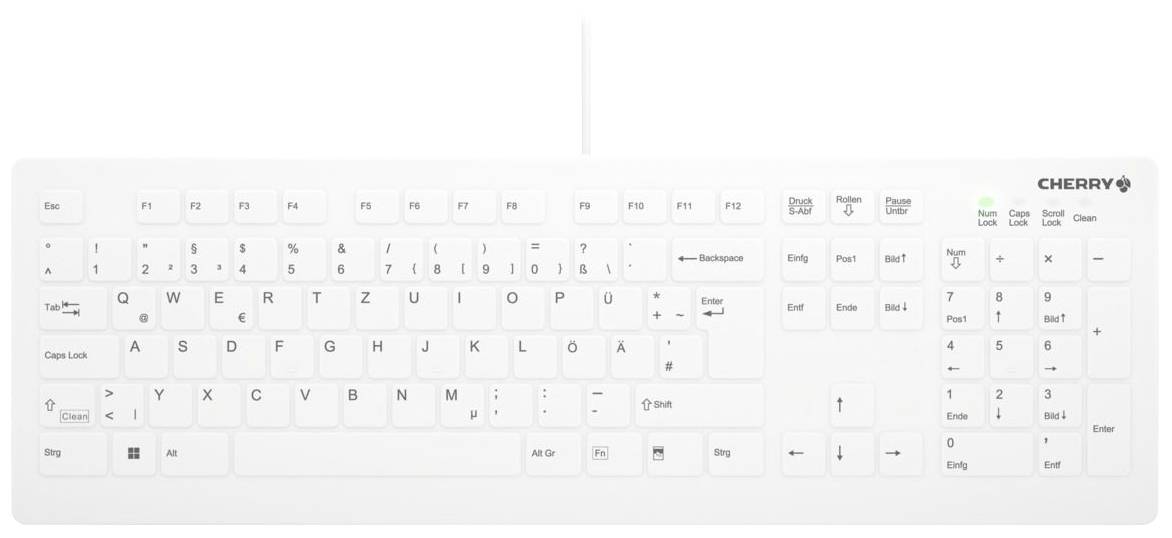Clavier PC blanc avec disposition allemande QWERTZ, pavé numérique et touches de fonction. Le logo CHERRY est situé en haut à droite.