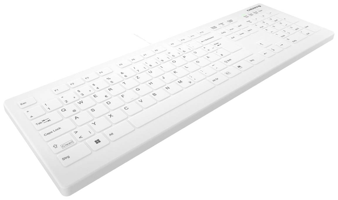 Clavier d'ordinateur blanc avec disposition QWERTZ, touches fléchées et touches de fonction supplémentaires. Il est conçu pour une utilisation sur PC.