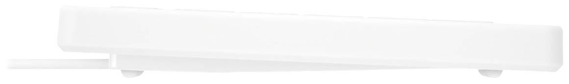 Une télécommande blanche et plate avec plusieurs boutons, posée sur le côté sur un fond blanc.
