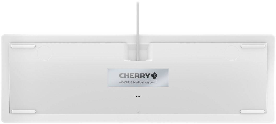 Un clavier blanc vu de dessous, portant l'inscription « CHERRY AK-C4110 Medical Keyboard ».