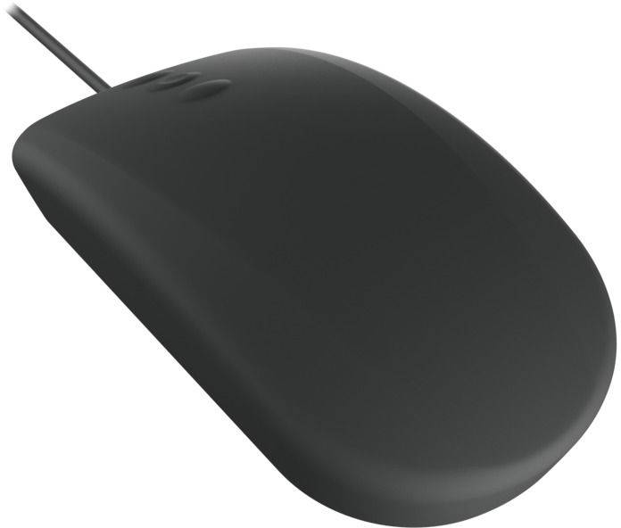 Une souris d'ordinateur noire filaire, vue de côté.