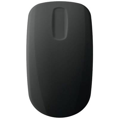Souris d'ordinateur sans fil noire au design minimaliste, de forme ovale avec un bouton central sur le dessus.