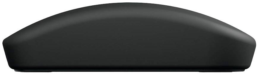 Souris noire et incurvée vue de profil. Design minimaliste, structure de surface lisse, adaptée à une utilisation ergonomique.