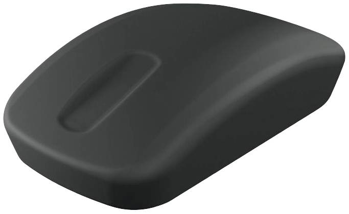 Souris d'ordinateur noire sans fil, au design arrondi et à surface tactile. Idéale pour l'espace de travail moderne.