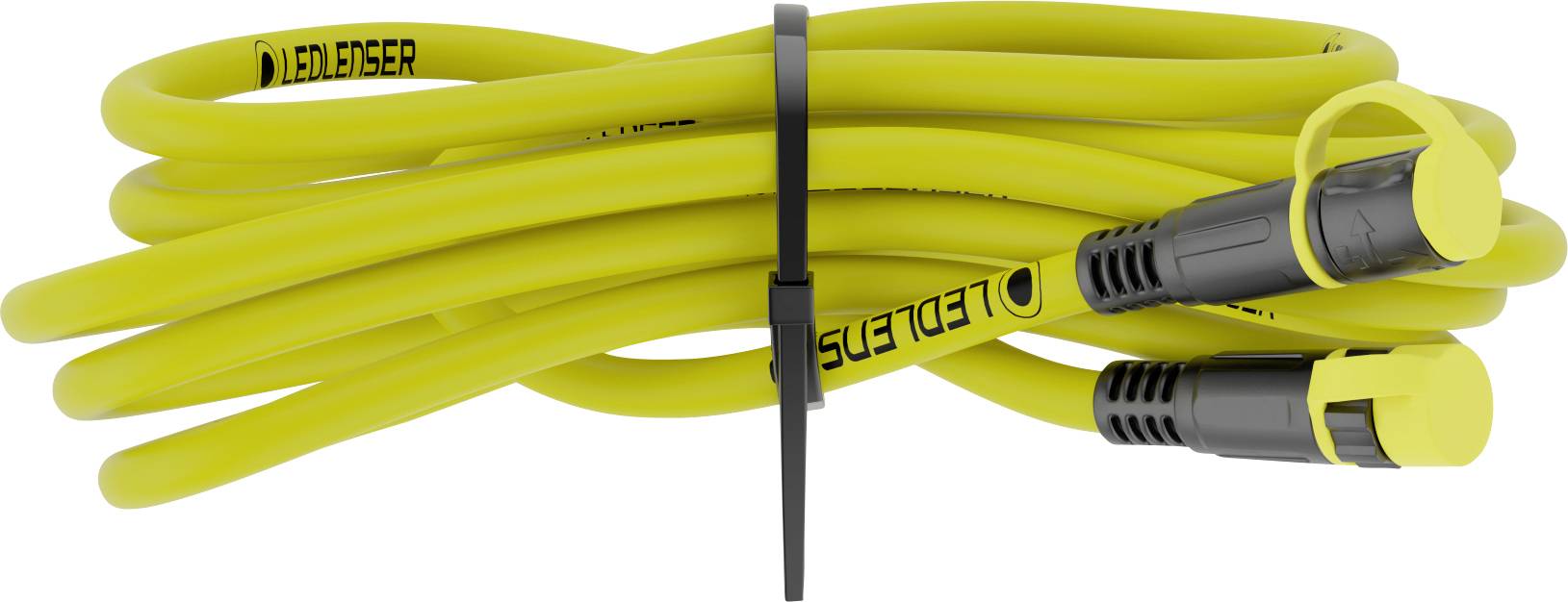 Tuyau d'arrosage jaune enroulé, fixé avec un serre-câble noir, muni d'un embout de pulvérisation noir et jaune.