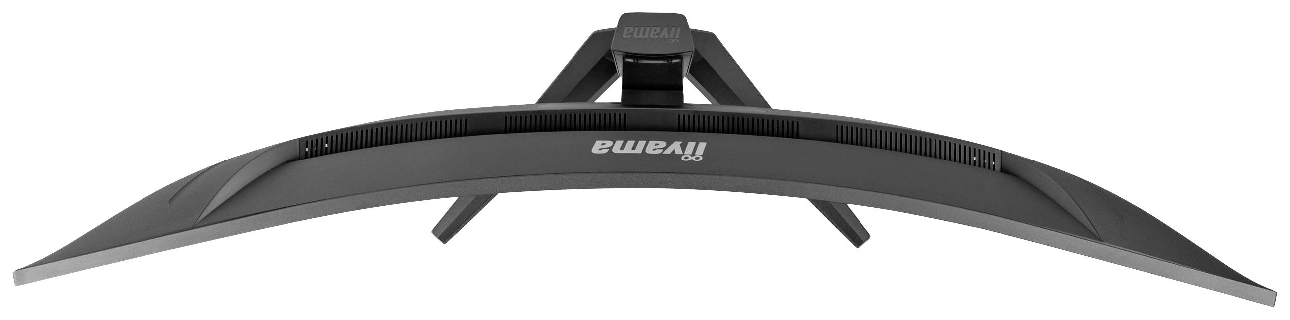 Moniteur incurvé vu de dessus, présentant un design noir élégant avec le logo 'iiyama' au centre.