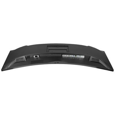 Dos d'un moniteur incurvé avec plusieurs ports, notamment HDMI, DisplayPort, USB et Audio, sur une surface noire.