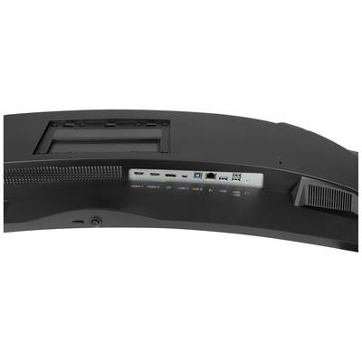 Dos d'un moniteur avec connexions : HDMI, DisplayPort, Ethernet, USB-C, ainsi que ports USB-A. Possibilités de connexion pour les périphériques.