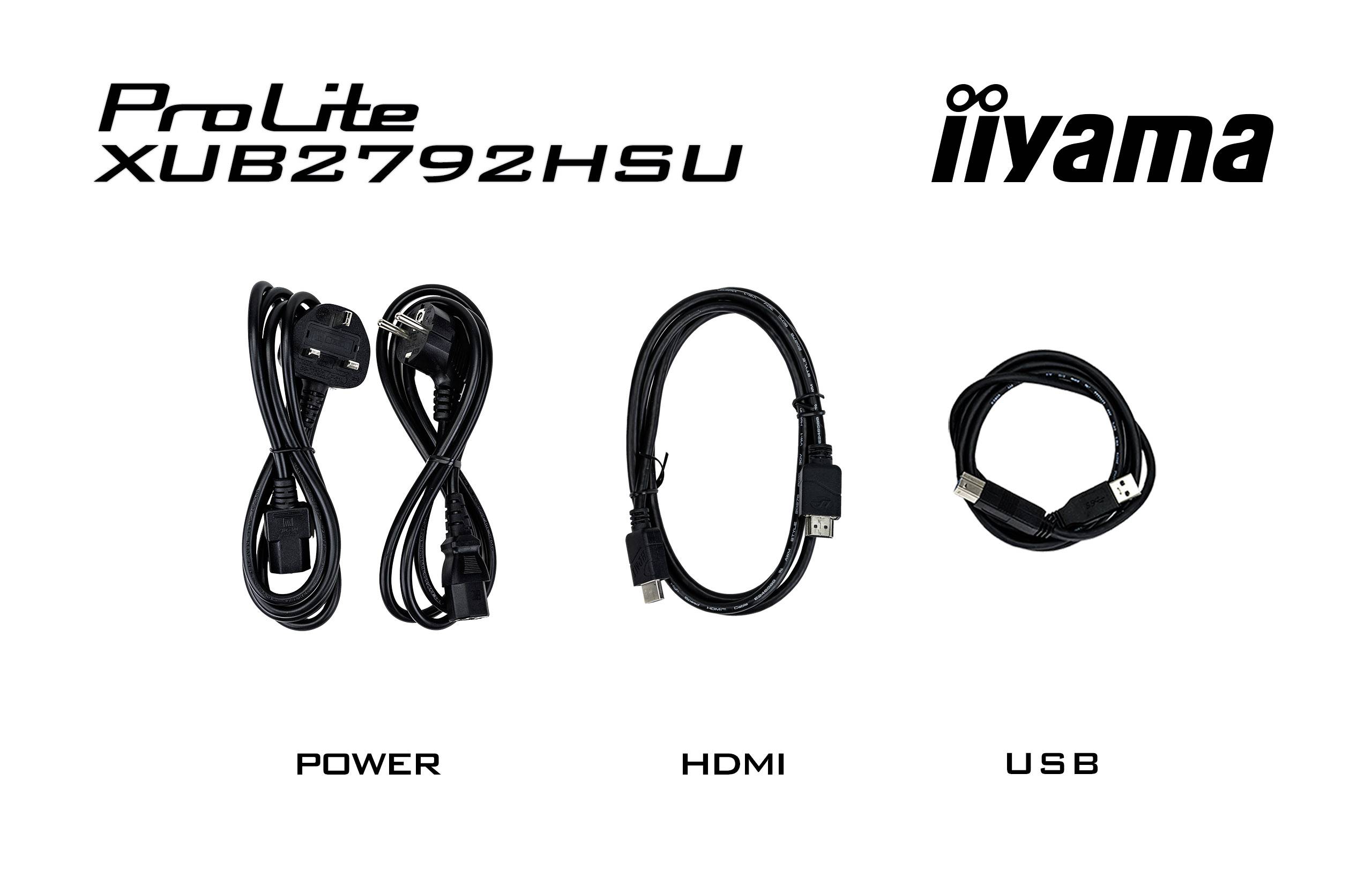 Accessoires du moniteur iiyama ProLite XUB2792HSU : un câble d'alimentation, un câble HDMI et un câble USB.