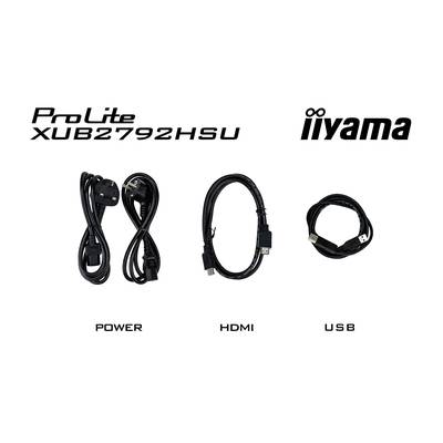 Accessoires du moniteur iiyama ProLite XUB2792HSU : un câble d'alimentation, un câble HDMI et un câble USB.