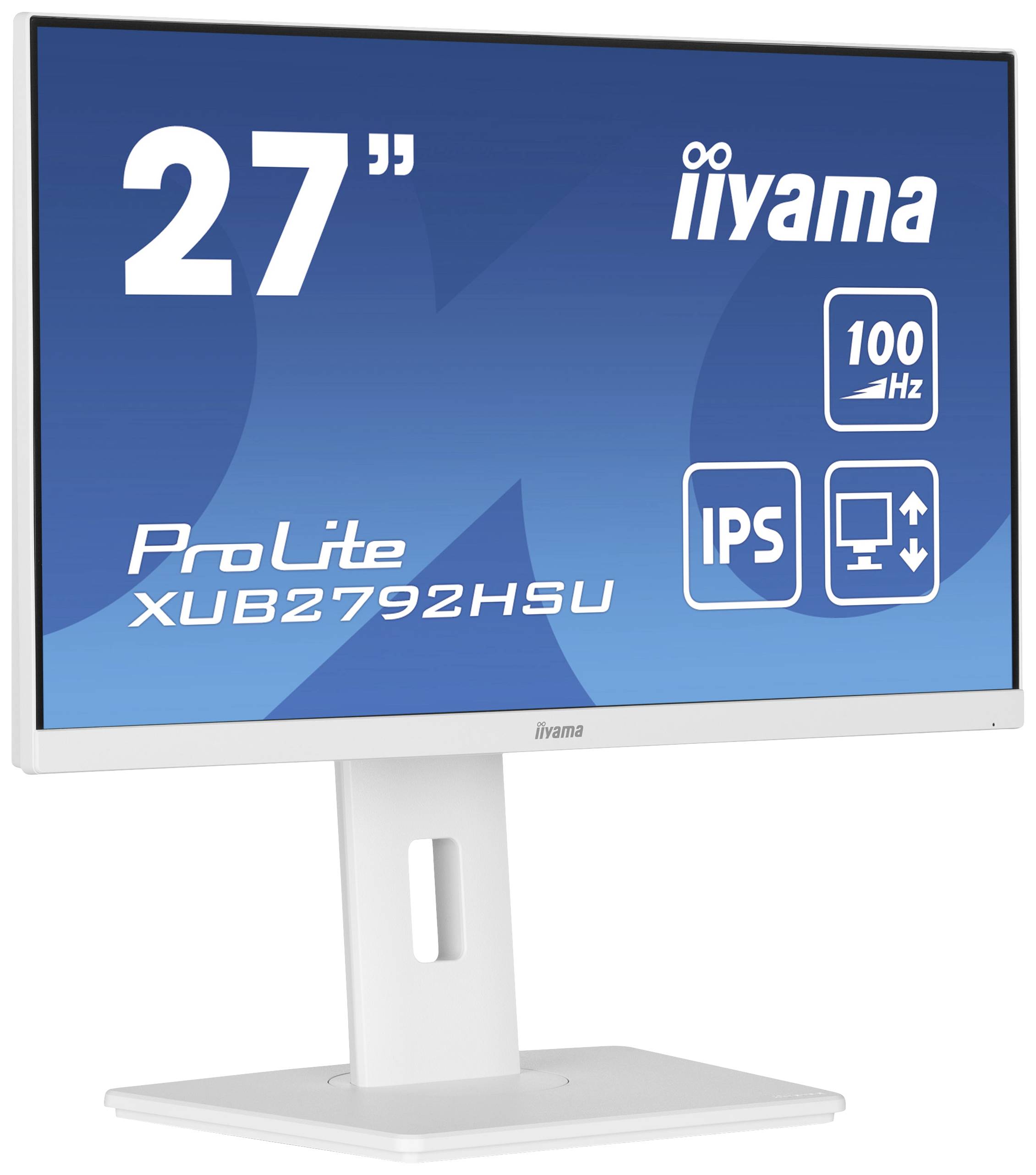 Un moniteur blanc iiyama, modèle ProLite XUB2792HSU, 27 pouces, 100 Hz. L'écran affiche des symboles représentant la technologie IPS et les options d'ajustement ergonomiques.