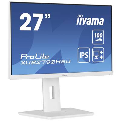 Un moniteur blanc iiyama, modèle ProLite XUB2792HSU, 27 pouces, 100 Hz. L'écran affiche des symboles représentant la technologie IPS et les options d'ajustement ergonomiques.