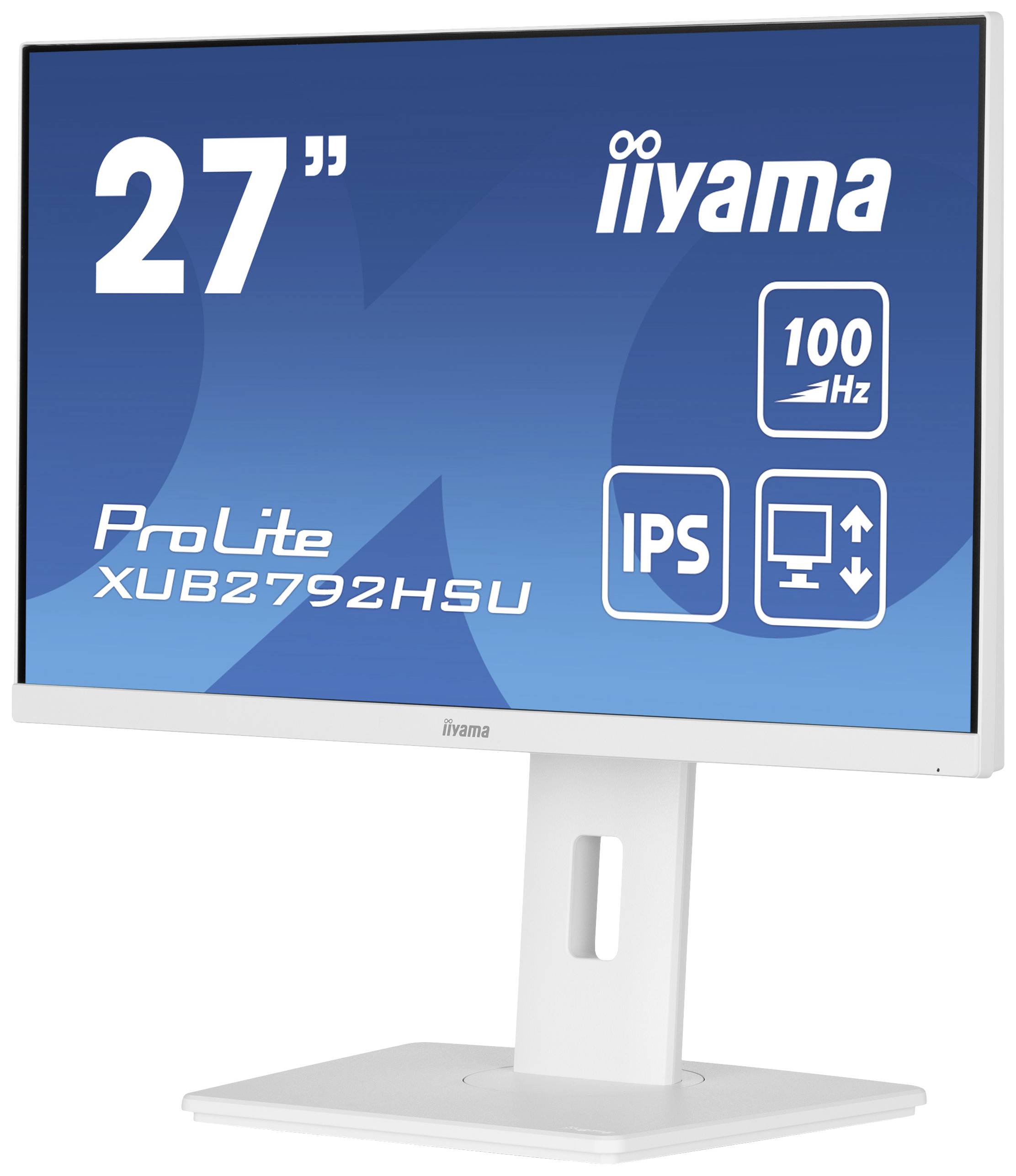 Un moniteur iiyama de 27 pouces, modèle ProLite XUB2792HSU, avec une fréquence de 100 Hz et technologie IPS, sur un support réglable blanc.