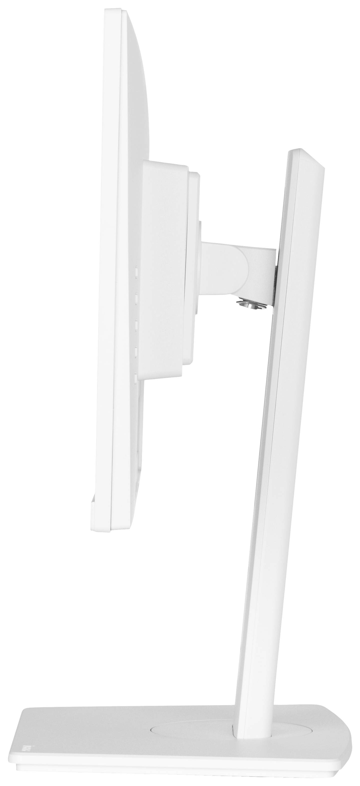 Vue latérale d'un écran d'ordinateur blanc sur son socle, montrant l'épaisseur et les possibilités d'inclinaison du moniteur.