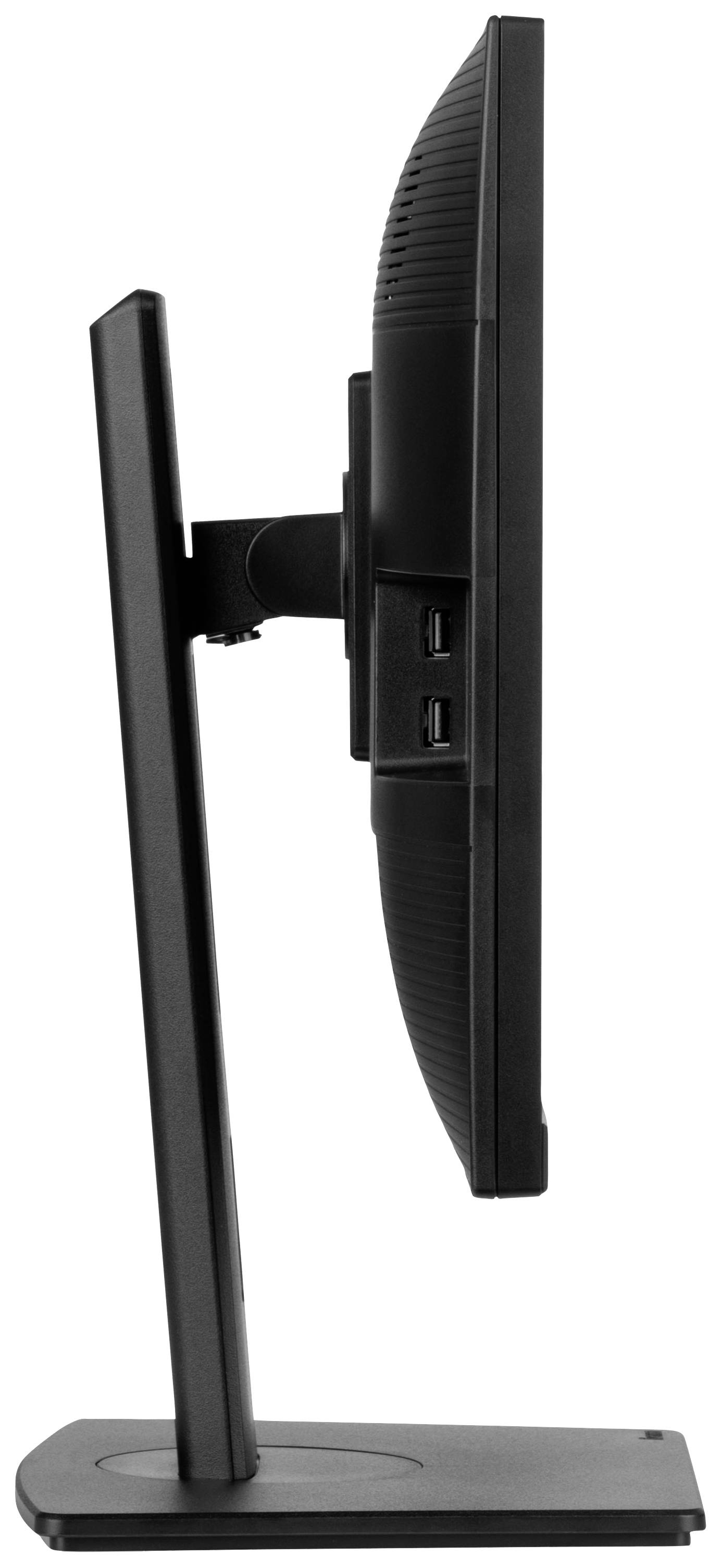 Vue de côté d'un moniteur d'ordinateur noir avec des ports USB à l'arrière, monté sur un support stable.