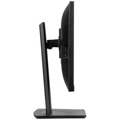 Vue de côté d'un moniteur d'ordinateur noir avec des ports USB à l'arrière, monté sur un support stable.