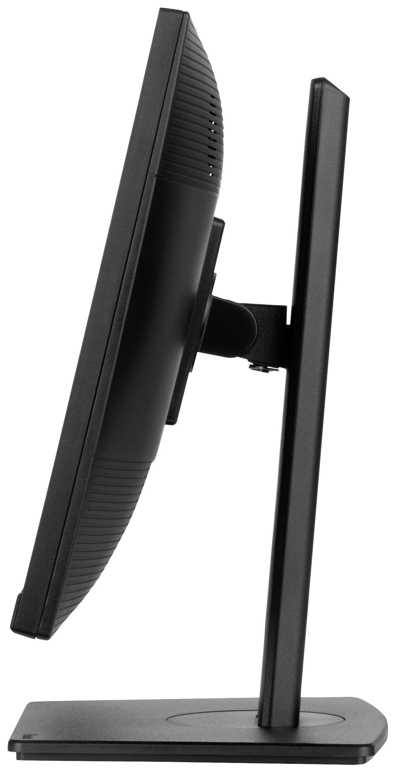 Un écran plat vu de côté, installé sur un socle stable, boîtier noir.