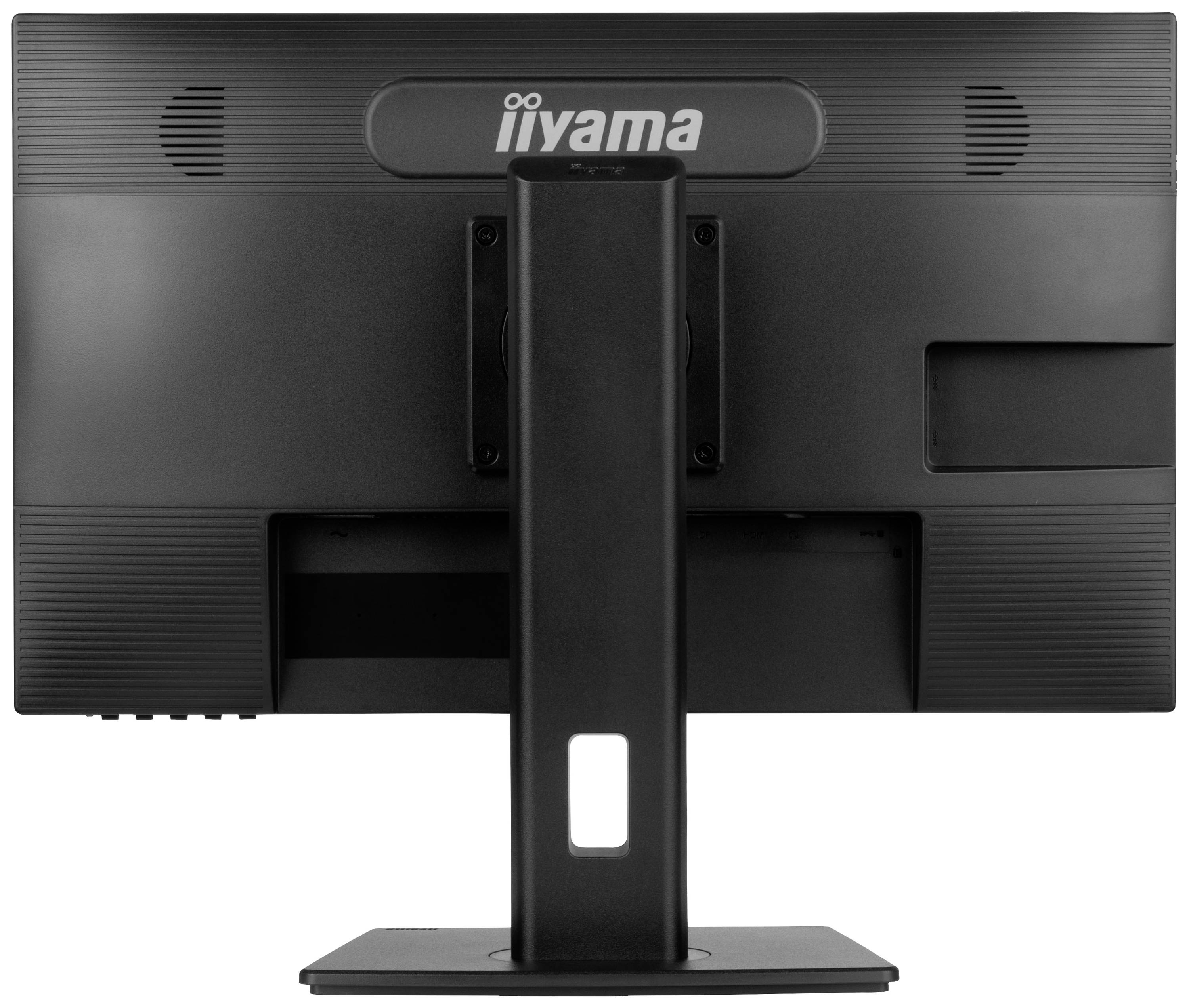 Un moniteur noir vu de dos, avec un socle stable et des fentes de ventilation visibles, le logo de la marque visible en haut.