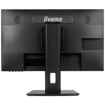 Un moniteur noir vu de dos, avec un socle stable et des fentes de ventilation visibles, le logo de la marque visible en haut.