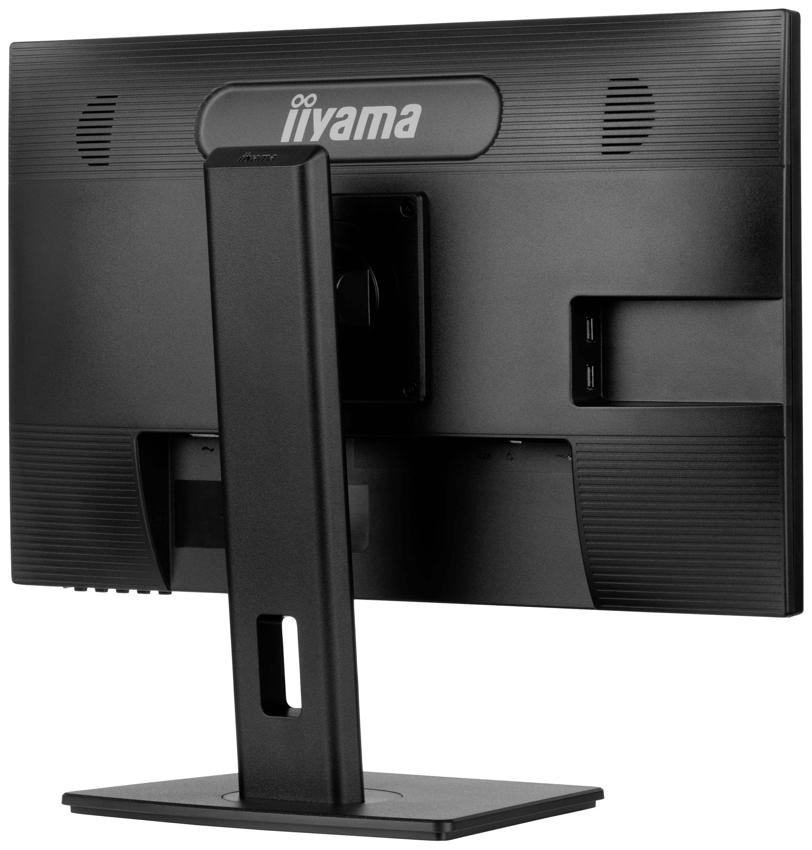 Dos d'un écran d'ordinateur sur un support, avec logo de marque visible, deux ports USB et des fentes de ventilation.