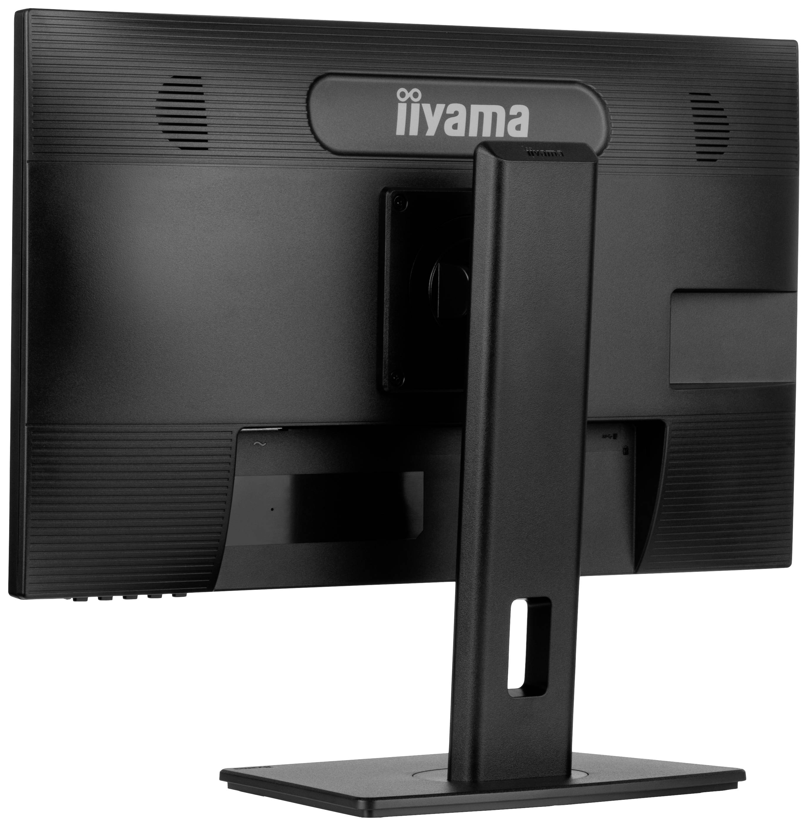 Un écran d'ordinateur noir vu de dos, monté sur un socle rectangulaire, avec le logo 'iiyama' visible en haut.