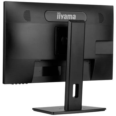 Un écran d'ordinateur noir vu de dos, monté sur un socle rectangulaire, avec le logo 'iiyama' visible en haut.