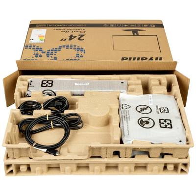 'Boîte ouverte contenant un écran de 24 pouces et ses accessoires, tels que câbles et instructions, soigneusement disposés dans un emballage écologique.'