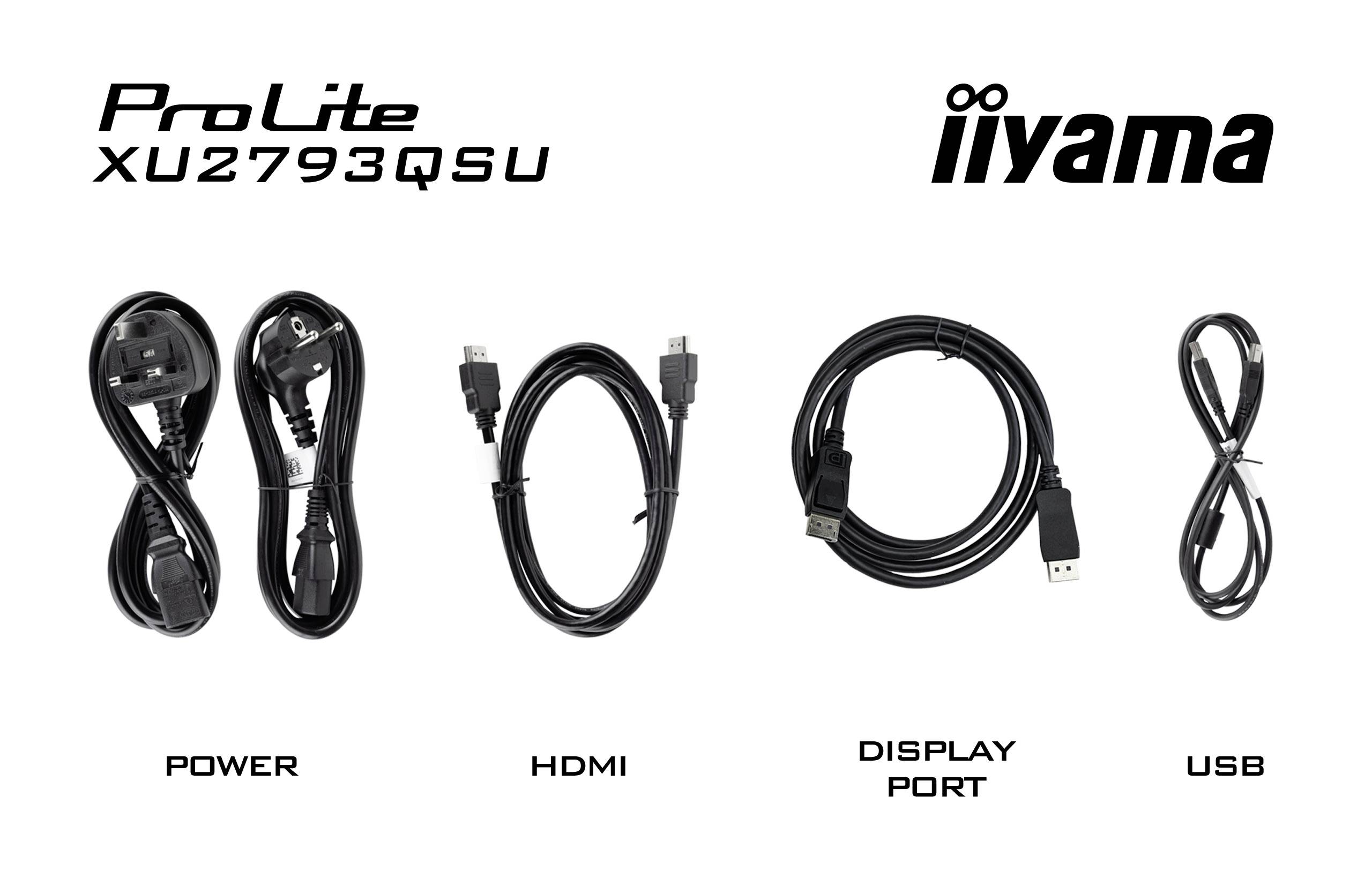 Quatre câbles côte à côte, chacun étiqueté : 'POWER', 'HDMI', 'DISPLAY PORT', 'USB'. En haut à gauche 'ProLite XU2793QSU', en haut à droite 'iiyama'.