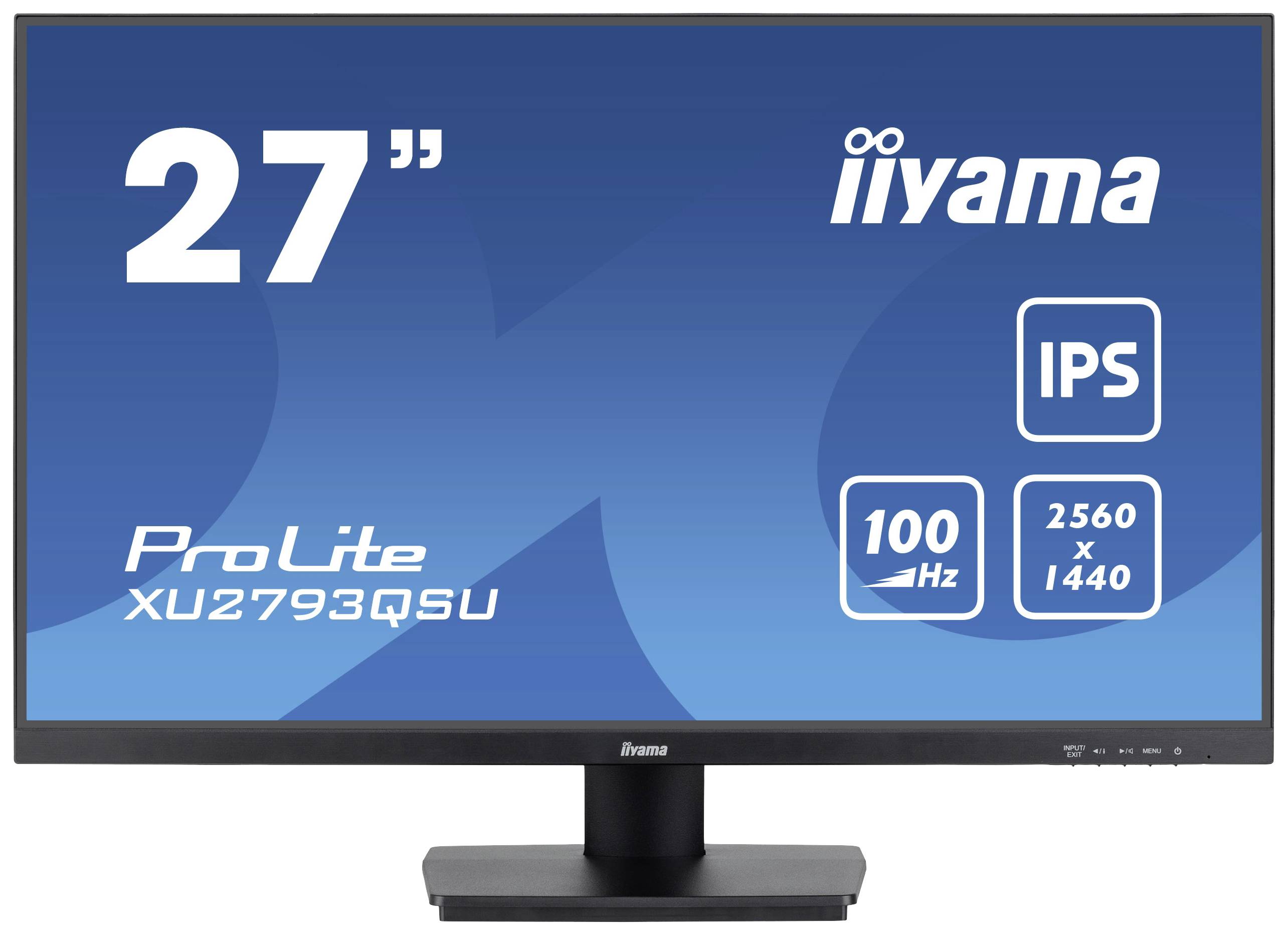Moniteur de 27 pouces 'iiyama', 'ProLite XU2793QSU', '100 Hz', '2560 x 1440', 'IPS' indiqué sur fond bleu.