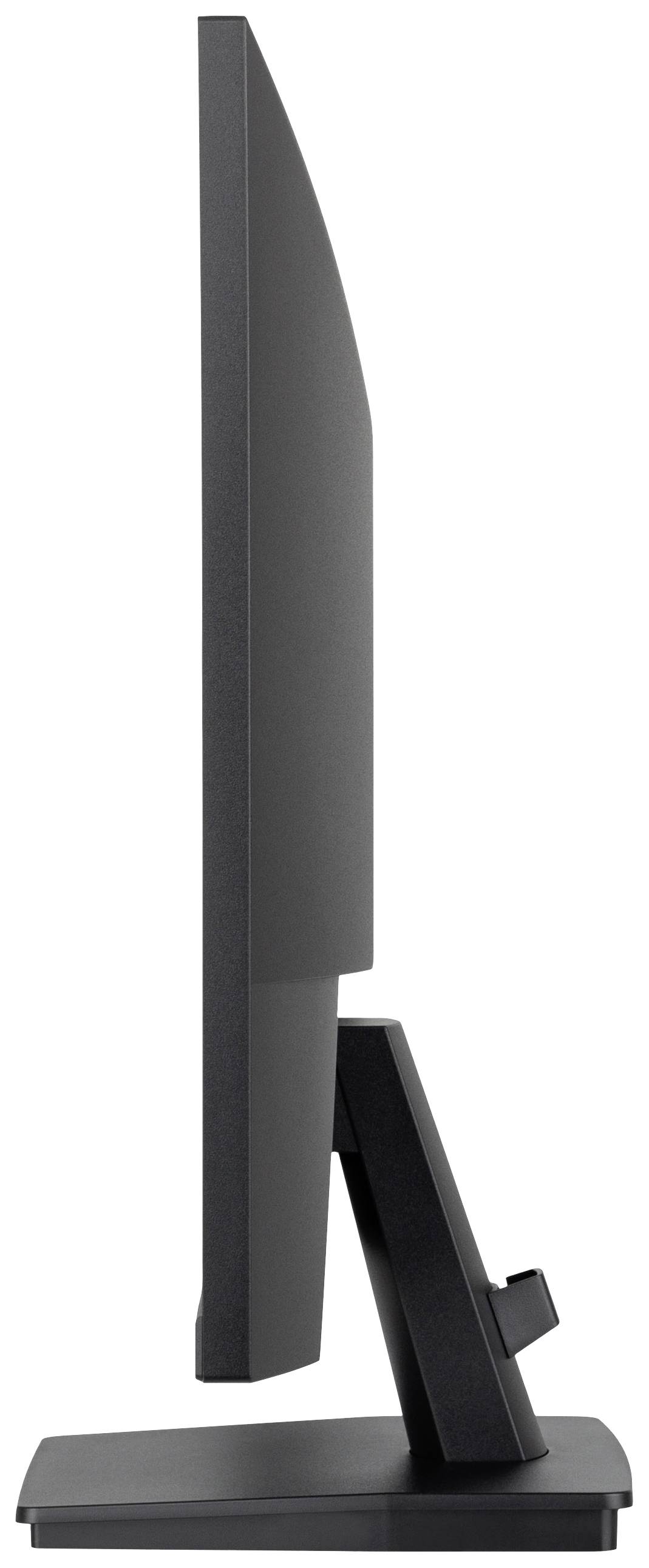 Vue latérale d'un écran d'ordinateur noir avec un socle rectangulaire incliné vers le haut à un angle oblique.