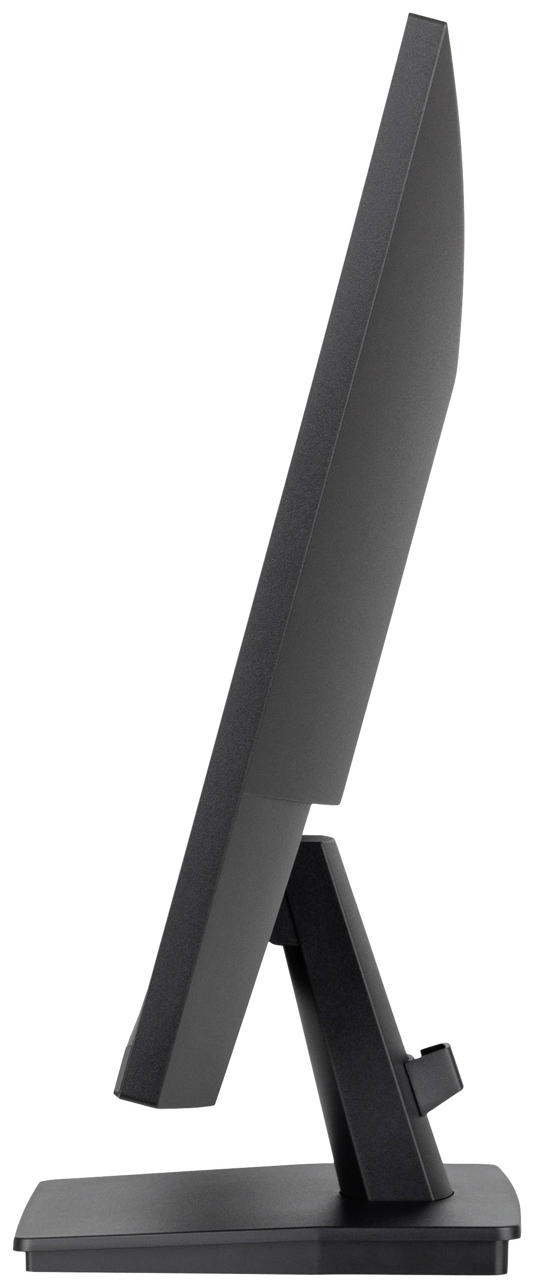 Écran d'ordinateur noir et élancé, vu de profil, illustrant le design moderne et minimaliste de l'écran et du support.