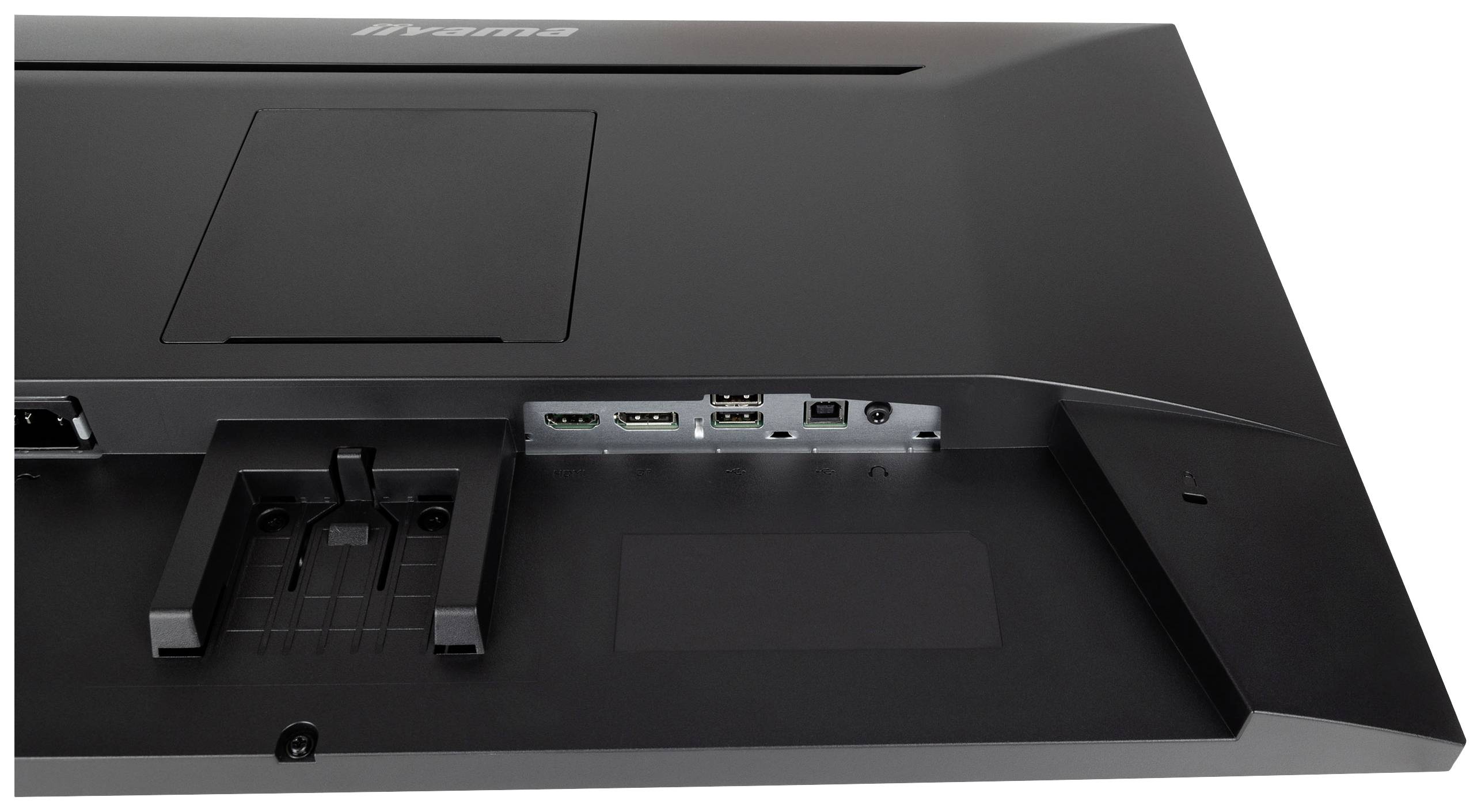 Vue arrière d'un moniteur montrant plusieurs ports, notamment des interfaces HDMI et DisplayPort, destinés à la connexion d'appareils externes.