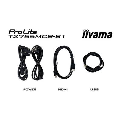 Illustration de trois câbles répartis en POWER, HDMI et USB, sous le nom de modèle ProLite T2755MCS-B1 d'iiyama.