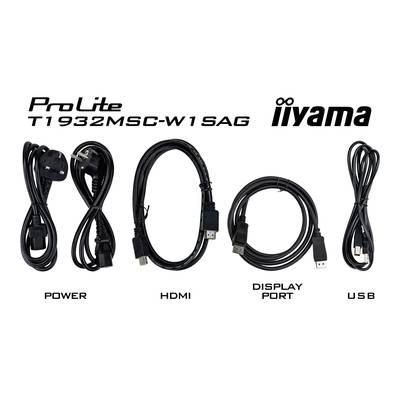 Accessoire de câble d'écran 'ProLite T1932MSC-W1 SAG' : Alimentation, HDMI, DisplayPort et USB. Nom de marque 'iiyama' en haut à droite.