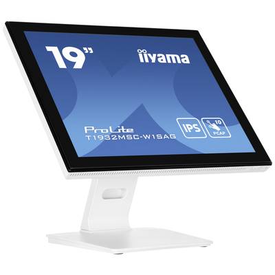 Un écran iiyama de 19 pouces avec technologie IPS et écran tactile 10 points sur socle blanc. Numéro de modèle : ProLite T1932MSC-W1SAG.