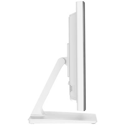 Un écran d'ordinateur blanc vu de côté, révélant un design élégant et un support stable.