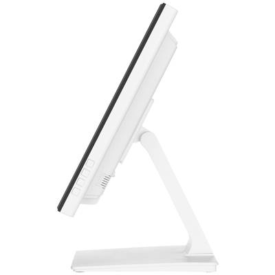 Un moniteur d'ordinateur blanc, vu de côté, posé sur un socle, avec quatre touches bien visibles sur le côté.