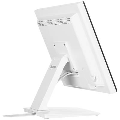 Vue arrière d'un écran d'ordinateur blanc sur un support, légèrement incliné sur le côté, avec des évents de ventilation visibles en haut du boîtier.