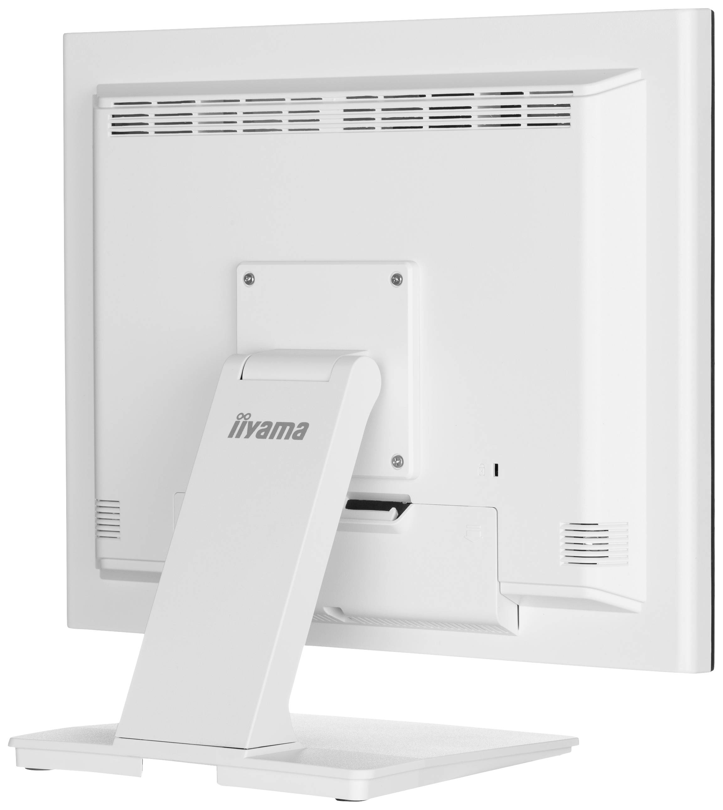 Vue arrière d'un écran d'ordinateur blanc iiyama avec support intégré.