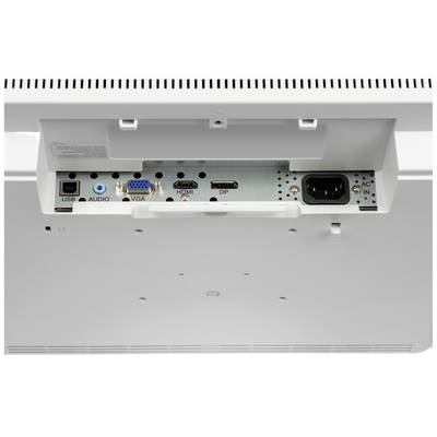 Dessous d'un moniteur avec des ports : USB, Audio, VGA, HDMI, DP, entrée secteur. Couvercle blanc partiellement ouvert.