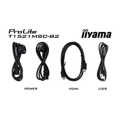 Ensemble de câbles 'ProLite T1521MSC-B2 iiyama' comprenant trois câbles : câble d'alimentation, câble HDMI et câble USB, sur fond blanc.
