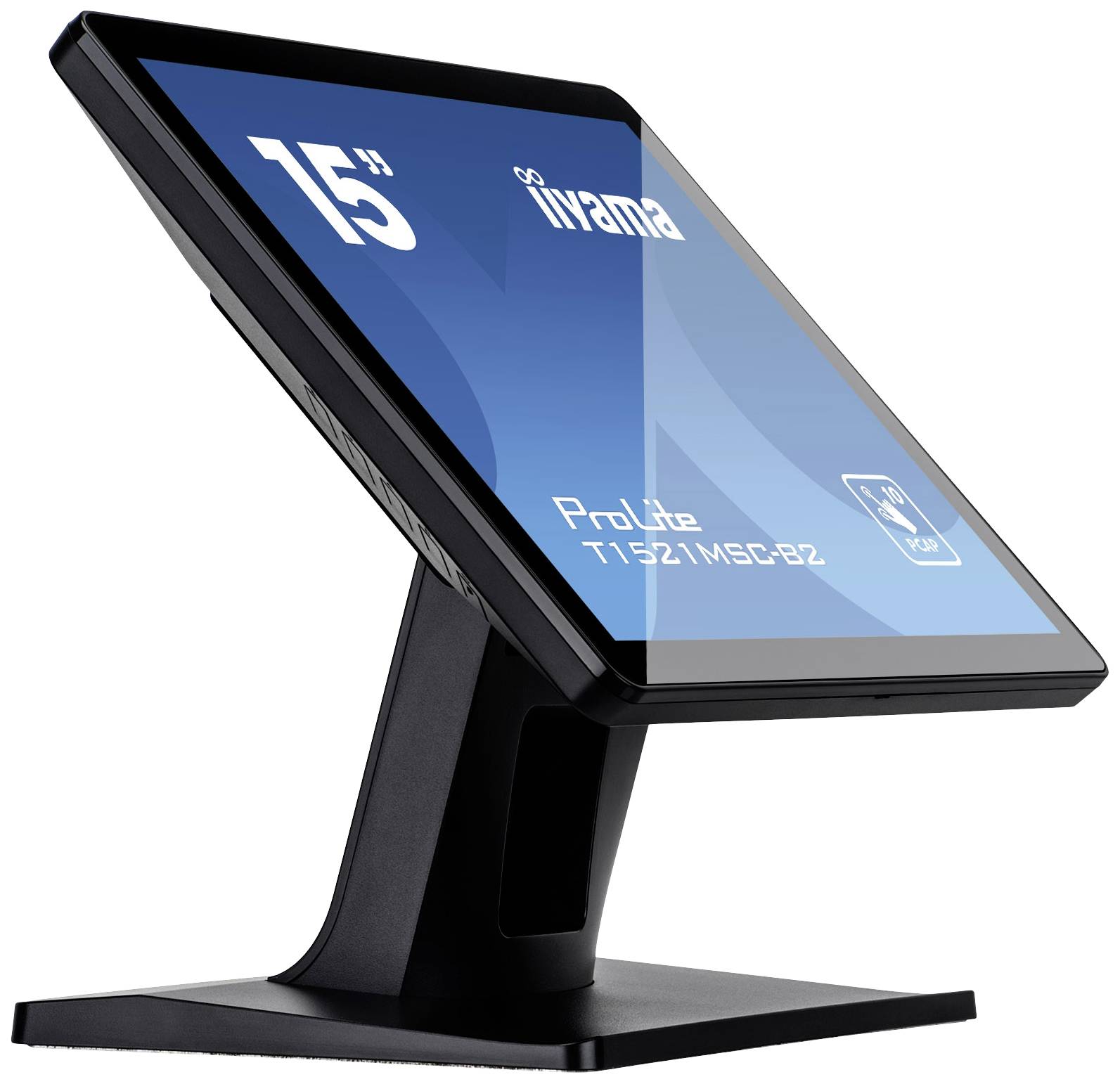 Un moniteur tactile noir Iiyama, modèle ProLite T1521MSC-B1Z, sur un support. L'écran affiche des détails techniques.
