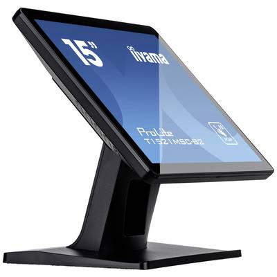 Un moniteur tactile noir Iiyama, modèle ProLite T1521MSC-B1Z, sur un support. L'écran affiche des détails techniques.