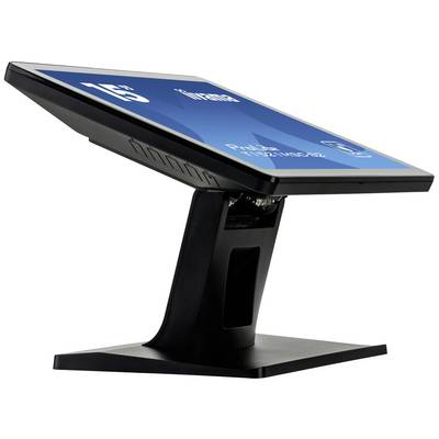 Un écran tactile moderne avec un socle noir, légèrement incliné, affiche une interface utilisateur avec du texte et des symboles.