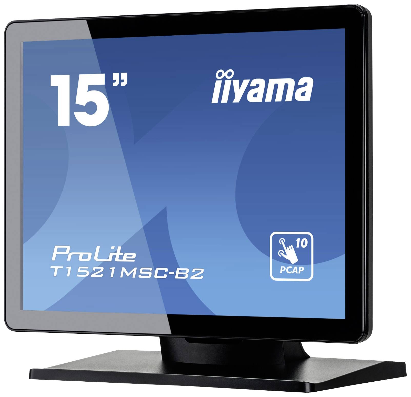 Un écran tactile iiyama de 15 pouces PCAP, modèle ProLite T1521MSC-B2, avec un cadre noir et un fond d'écran bleu.